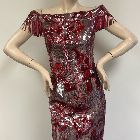 Aidan by Aidan Mattox sequins off the shoulderknee length dress - Picture 3 of 11